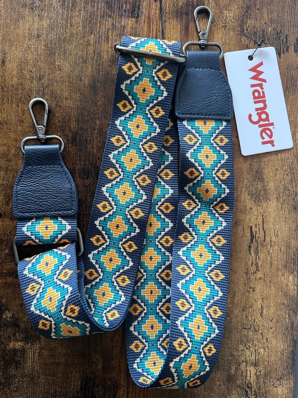 Wrangler Adjustable Tribal Geometric Crossbody Strap in Teal, Yellow & Navy NWT